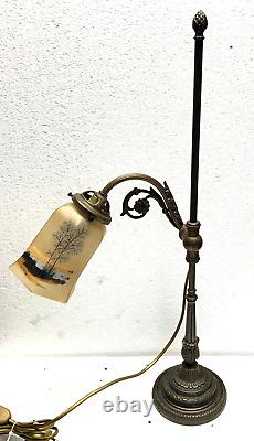 Ancienne LAMPE DE BUREAU bronze style art nouveau tulipe émaillée (LEGRAS)