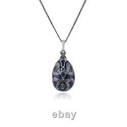 Art Nouveau Style Poire Topaze Bleu Oeuf Pendentif En 925 Argent Sterling