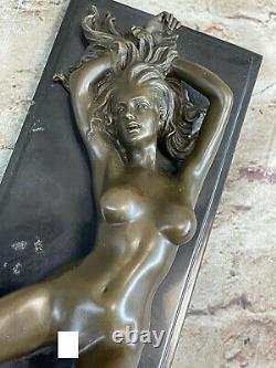 Beau Signée Style Art Nouveau Doré Bronze Sculpture Figurine Statue Nue Nu Fille