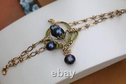 Bracelet Art Nouveau Réglable Feuille Vert Perle Baroque Noir Vintage Style QD12