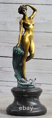 Bronze Sculpture, Main Fabriqué Statue Style Art Nouveau Érotique Nu Fille Avec