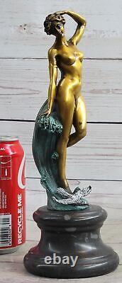 Bronze Sculpture, Main Fabriqué Statue Style Art Nouveau Érotique Nu Fille Avec