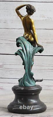 Bronze Sculpture, Main Fabriqué Statue Style Art Nouveau Érotique Nu Fille Avec