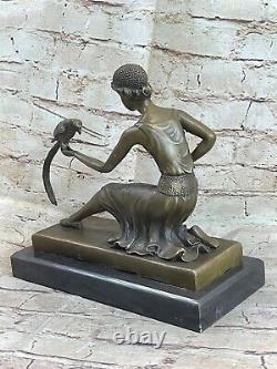 Bronze Style Art Nouveau Deco Sculpture Fille Pirate Avec / Perroquet Chiparus