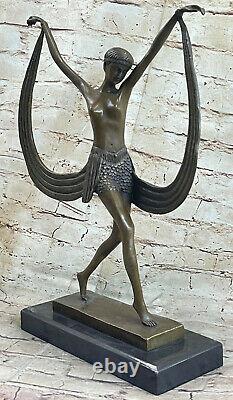 Bronze Style Art Nouveau Femme Danseuse Avec Ruban Marbre Base Fonte Maison Nue