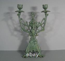 Candélabre Chandelier Style Art Nouveau Bronze Patiné Femme Fleur Jugendstil