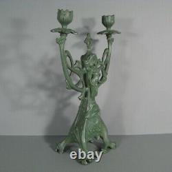 Candélabre Chandelier Style Art Nouveau Bronze Patiné Femme Fleur Jugendstil