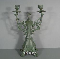 Candélabre Chandelier Style Art Nouveau Bronze Patiné Femme Fleur Jugendstil