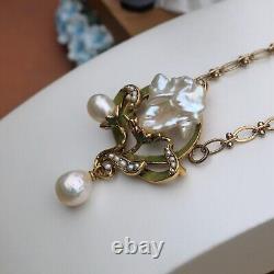 Collier Art Nouveau Feuille Vert Perle Baroque Blanc Vintage Style QD12