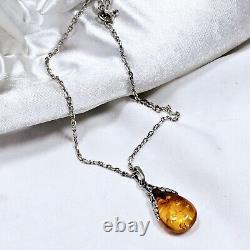 Collier Goutte D'ambre 60's Serti Style Art Nouveau Sur Chaine Argent 925