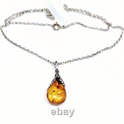 Collier Goutte D'ambre 60's Serti Style Art Nouveau Sur Chaine Argent 925