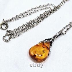 Collier Goutte D'ambre 60's Serti Style Art Nouveau Sur Chaine Argent 925