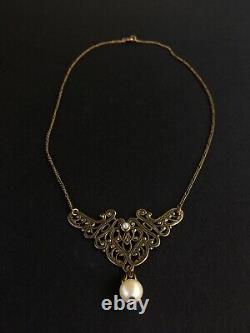 Collier vintage style art nouveau dentelle metal & perles