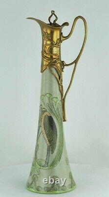 Cruche Pichet Oiseau Marabout Style Art Deco Porcelaine Bronze