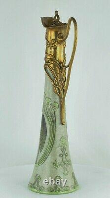 Cruche Pichet Oiseau Marabout Style Art Deco Porcelaine Bronze