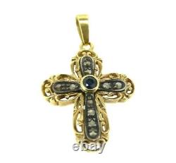 Crucifix En Style Ancien Vintage Or Massif 18K Croix Diamants Et Saphirs