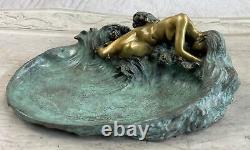 Européenne Bronze Sculpture Style Art Nouveau Femme Lotus Bijou Plat Patine Sale