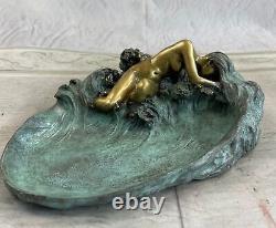 Européenne Bronze Sculpture Style Art Nouveau Femme Lotus Bijou Plat Patine Sale