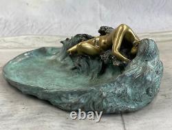 Européenne Bronze Sculpture Style Art Nouveau Femme Lotus Bijou Plat Patine Sale