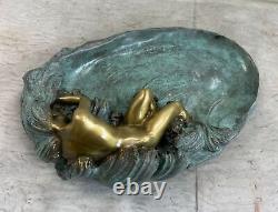 Européenne Bronze Sculpture Style Art Nouveau Femme Lotus Bijou Plat Patine Sale