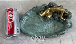 Européenne Bronze Sculpture Style Art Nouveau Femme Lotus Bijou Plat Vert Patine