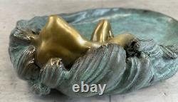 Européenne Bronze Sculpture Style Art Nouveau Femme Lotus Bijou Plat Vert Patine