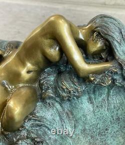 Européenne Bronze Sculpture Style Art Nouveau Femme Lotus Bijou Plat Vert Patine