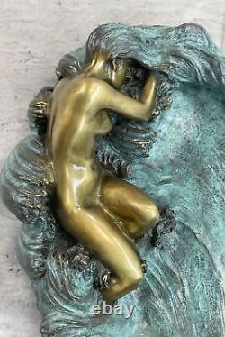 Européenne Bronze Sculpture Style Art Nouveau Femme Lotus Bijou Plat Vert Patine