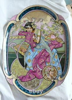 Grand PLAT Porcelaine Paillet LIMOGES Art Nouveau style MUCHA