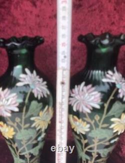 Jolie Paire Vases LEGRAS en Verre Émaillé Décor Floral Style Art-Nouveau Dahlia