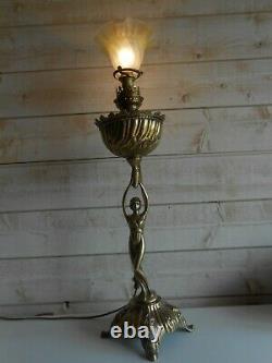 Lampe A Petrole Bronze Electrifiee Style Art Nouveau 69cm / Oil Lamp