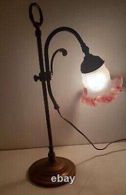 Lampe De Bureau, Col De Cygne Tulipe Verre Et Laiton Style Art Nouveau 1940-1960