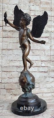 Large Vintage Style Art Nouveau Bronze Sculpture Winged Cupidon Nu Homme Statue