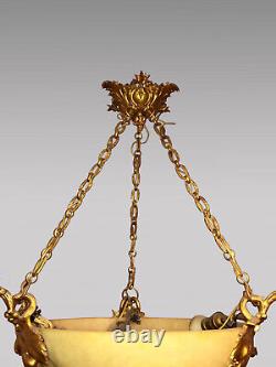 Lustre suspension style Art-Nouveau vasque albâtre bronzes dorés