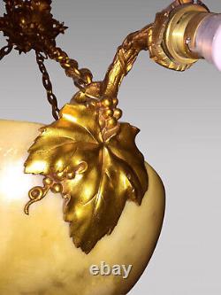 Lustre suspension style Art-Nouveau vasque albâtre bronzes dorés