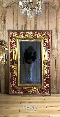Miroir Ancien En Bois Doré Avec Velours De Gênes Style Baroque Italien