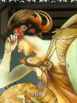 Panneau Miroir peinture femme style Art nouveau portant la signature Mucha 70'S