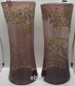 Rare Paires De Vases En Verre Soufflé Art Nouveau Style Legras Décor Floral