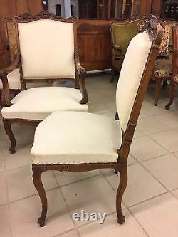 Salon noyer 4 fauteuils deux chaises style Louis XV
