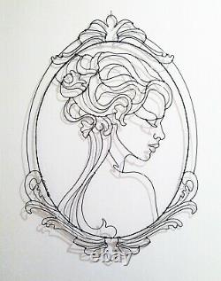 Sculpture portrait de femme en fil de fer médaillon à volutes style Art Nouveau
