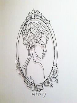 Sculpture portrait de femme en fil de fer médaillon à volutes style Art Nouveau