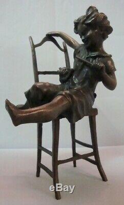 Statue Chat Fille Style Art Deco Style Art Nouveau Bronze massif Signe