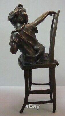 Statue Chat Fille Style Art Deco Style Art Nouveau Bronze massif Signe