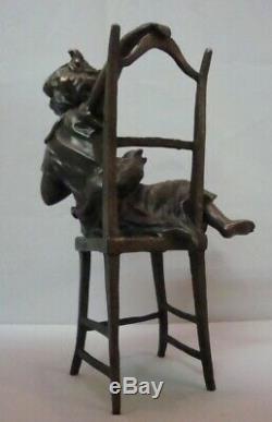 Statue Chat Fille Style Art Deco Style Art Nouveau Bronze massif Signe