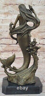 Style Art Nouveau Mythique Marin Sirène Bronze Sculpture Figurine Statue Solde