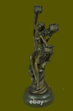 Style Art Nouveau Superbe Dame Candélabre Bronze Sculpture Classique Figurine