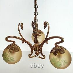 Superbe Lustre A 3 Lumières Style Art Nouveau Lucien Gau & Vianne 80's