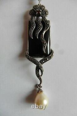 Superbe pendentif style Art Nouveau en argent onyx rubis perle et marcassites