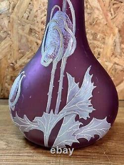 Vase soliflore verre aux chardons, rehaussé style Legras Montjoye, art nouveau