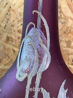 Vase soliflore verre aux chardons, rehaussé style Legras Montjoye, art nouveau